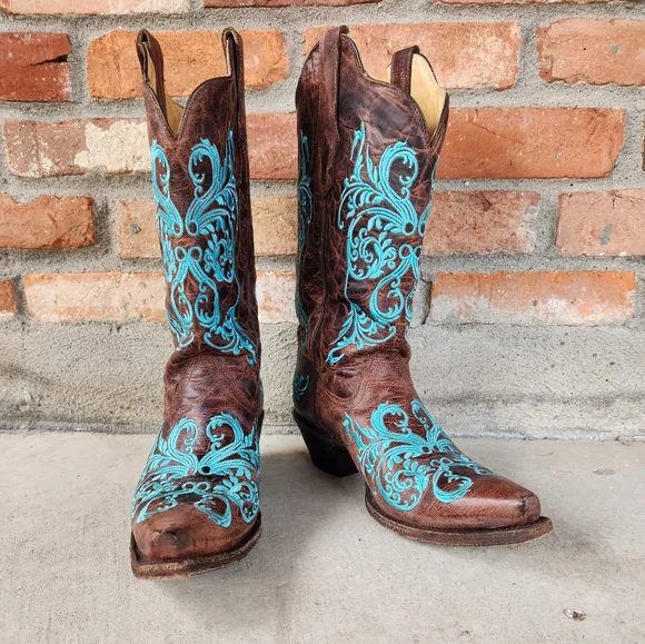 Corral brown with aqua design cowboy boots. Size 10M - Picture 1 of 13